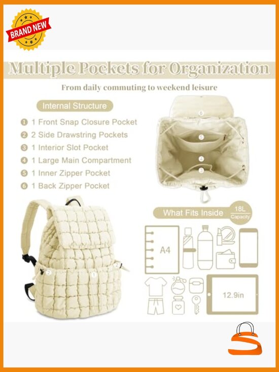 Quilted Puffer Backpack, Lightweight Nylon Travel Daypack, Puffy Hiking Pack main image 5